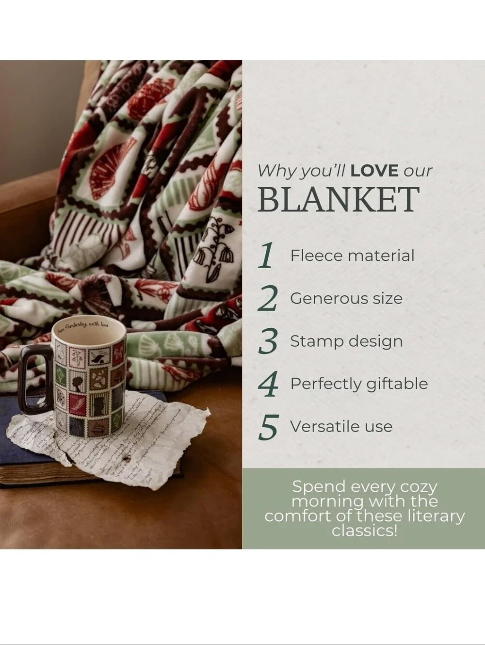 NIB Cozy Jane Austen Fleece Throw Blanket. Literary Romance Classic Literature